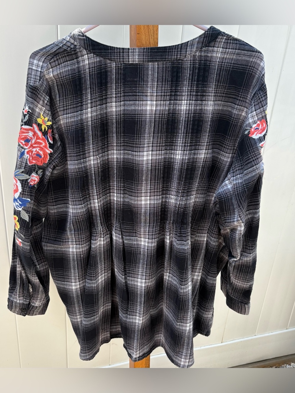 Woman Within Pintucked Plaid Floral Embroidered Flannel Button Down Tunic 1X